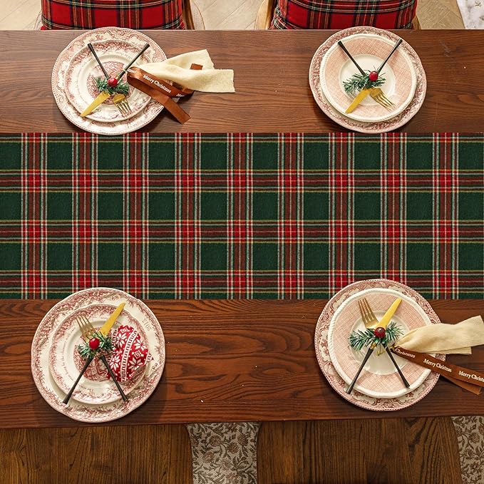 Softalker Christmas Checkered Tartan Table Runner - Green Buffalo Plaid Xmas Stain Resistant Washable Table Decoration for Dining/Parties/Holiday Decor, 13 x 36 Inch
