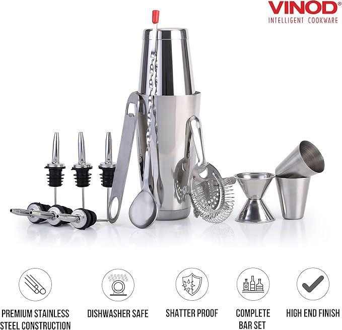 Vinod Stainless Steel Bar Set | 14 Piece Cocktail Accessories Set | 26 Ounce Boston Shaker w/Strainer Rubber Pourers Bar Jigger, Bottle Opener & More | Drink Mixer Bar Set | Bartender Kit