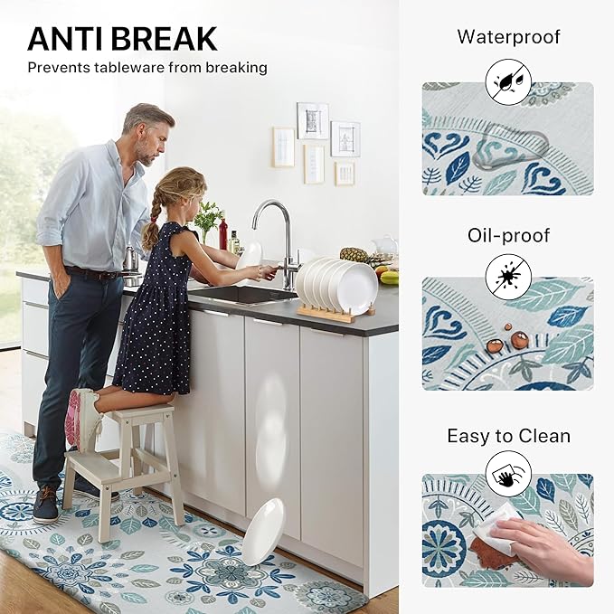 GENIMO Kitchen Mats for Floor 2PCS, Cushioned Kitchen Rugs Non Slip Washable, Farmhouse Anti Fatigue Mat Waterproof, Comfort Standing Mat for Office, Laundry, 17.3"x47"+17.3"x30", AzureBlue&White