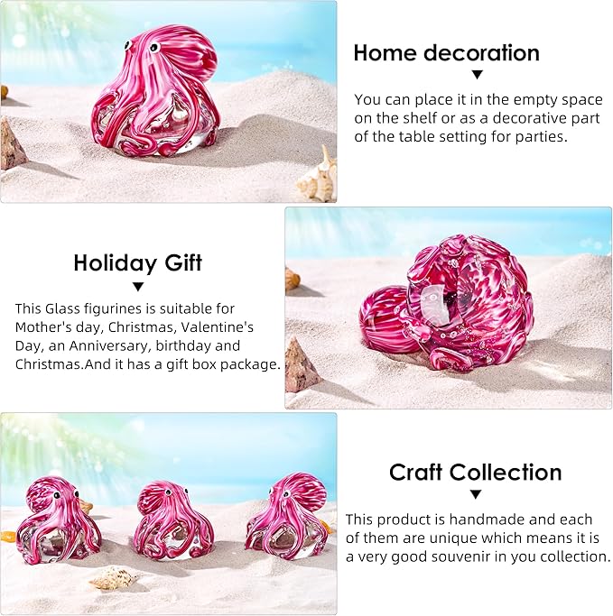 EUSTUMA Hand Blown Glass Octopus Figurine Ornament,Sea Animal Ornament for Fish Tank Aquarium,Sea Animals Collection for Birthday Gift,Glass Office Paperweight for Desk.