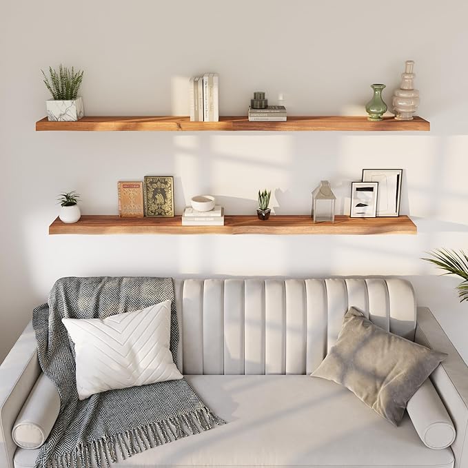 36" Acacia Live Edge Floating Shelves Set of 2 - Wall Mounted Wooden Shelf for Stylish Home Décor - Teak Look Color 36x7.5x1.5 Inches