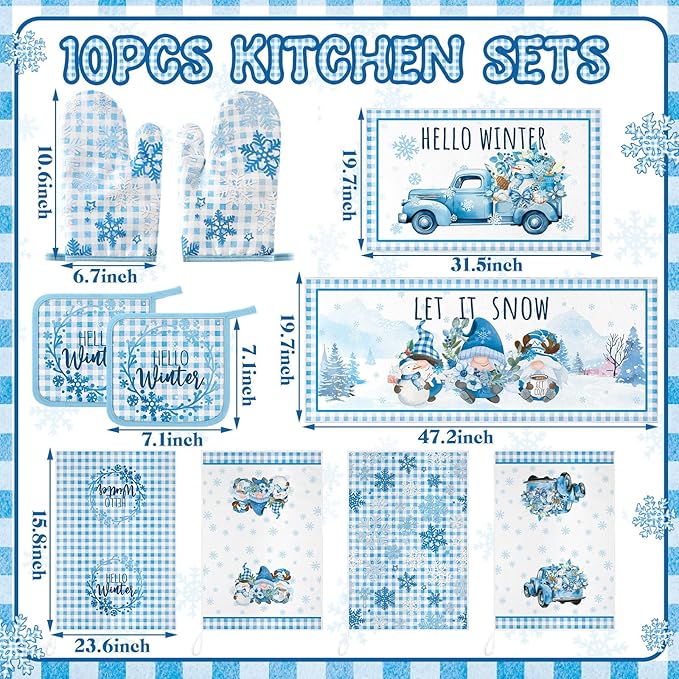 10 Pcs Christmas Kitchen Decor Set Kitchen Towels and Rugs Oven Mitts Pot Holders Absorbent Towels for Baking Cooking BBQ Gifts Home Decor(Blue,Snowflake)