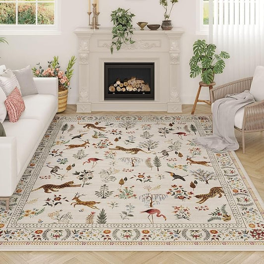 Rugcomf Living Room Rug 5x7 Rug Machine Washable Boho Area Rug Non Slip Floral Animal Vintage Low Pile Large Rugs for Living Room, Bedroom, Farmhouse, Dining Room, Kids Playroom (Beige)