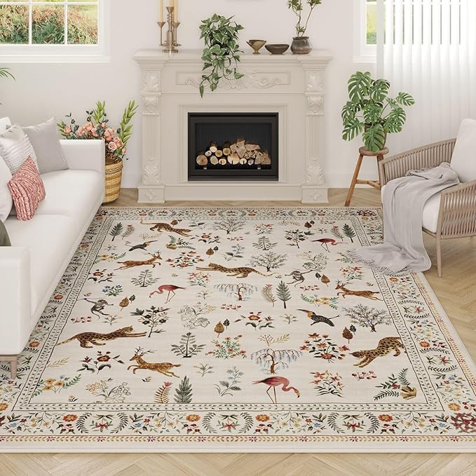 Rugcomf Area Rugs 9x12 Living Room Clearance Washable Boho Rug Non Slip Floral Animal Vintage Low Pile Large Rug for Living Room, Bedroom, Farmhouse, Dining Room, Kids Playroom (Beige)