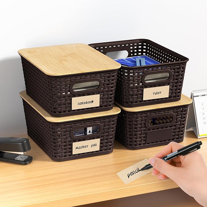 6 Pieces Brown Plastic Storage Baskets with Bamboo Lids with Labels Stackable Storage Containers for Organizing Shelves Drawers Desktop Closets Playroom Classroom Office