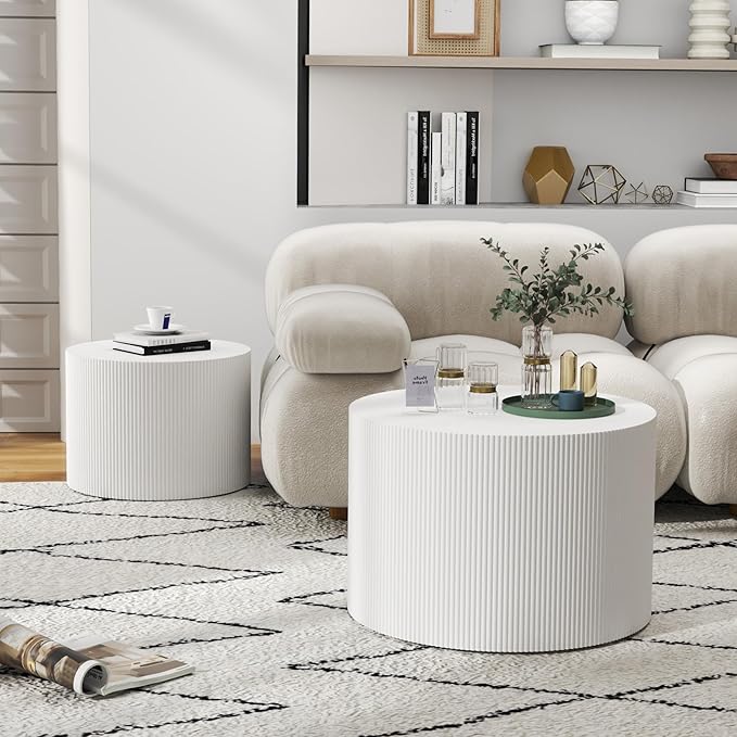 Round Coffee Table Set of 2, Modern Wooden White Nesting Coffee Tables for Living Room, No Assembly Required Circle Side Tables Set Accent End Table for Bedroom, Balcony