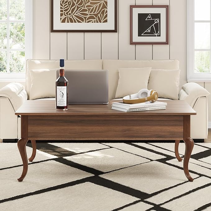 Lift Top Coffee Table, Farmhouse Coffee Table with Hidden Storage, Wood Center Table Dining Table for Living Room, Apartment, Home Office (Walnut)
