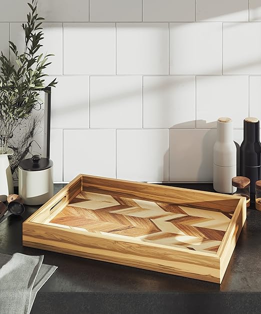 Lipper International 1265 Acacia Herringbone Serving Tray with Handle Cutouts for Meals or Organizing, 19 3/4" x 13 3/4" x 2 1/4"