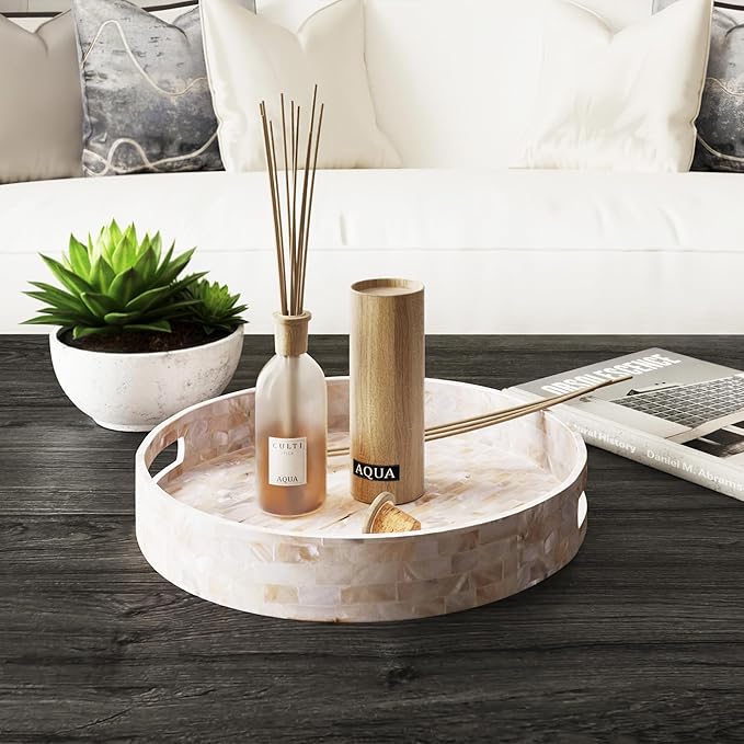 PEMAR 12.6” Mother of Pearl Round Serving Tray with Handles, Decorative Nacred Wooden Ottoman Coffee Table Tray (White Tiles)