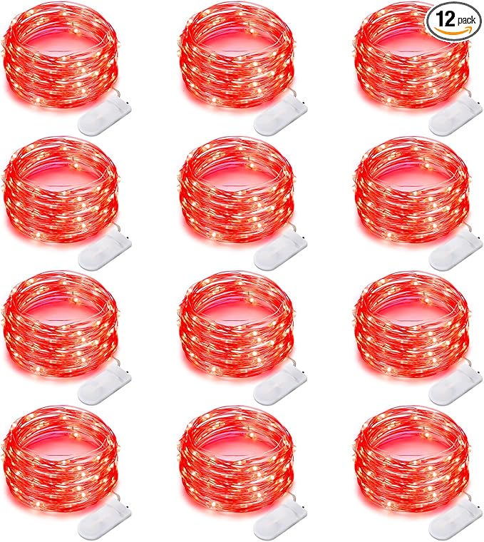 12 Pack Fairy Lights Battery Operated 7 Feet 20 LED Waterproof Christmas String Lights Silver Wire Firefly Starry Moon for Bedroom Red