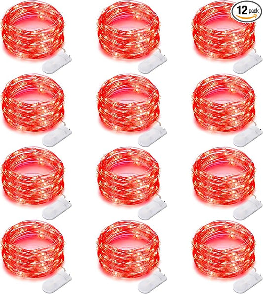 12 Pack Fairy Lights Battery Operated 7 Feet 20 LED Waterproof Christmas String Lights Silver Wire Firefly Starry Moon for Bedroom Red