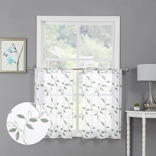 Tollpiz Sage Green Leaf Sheer Tier Curtains Leaves Embroidered Kitchen Short Curtain Rod Pocket Voile Bathroom Curtains for Cafe, 30 x 24 inches Long, Set of 2 Panels