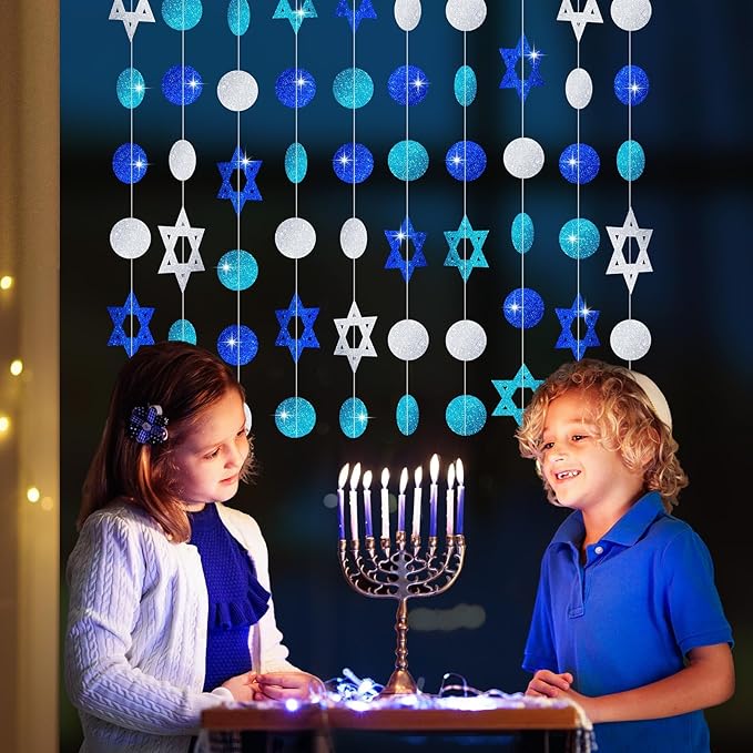 MARFOREVER Hanukkah Decorations Hanging Swirls 5 PCS 41 Ft Chanukah Decorations Glitter Blue White Star of David Streamers Hanukkah Garland for Jewish Party Home Wall Ceiling Decor