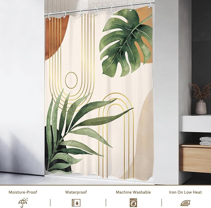 Glawry Boho Sage Green Shower Curtain Small Stall Narrow Mid Century Abstract Bohemian Botanical Palm Leaf Bathroom Liner Arch 48Wx72L Inches Bath Accessories Art Home Decor Fabric 7 Pack Hook