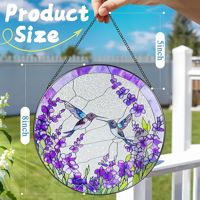 8 Inch Hummingbirds Among Lavender Flowers Stained Glass Suncatcher, Wall Art, Window Hanging, Indoor Decor, Gifts for Women, Sun Catcher