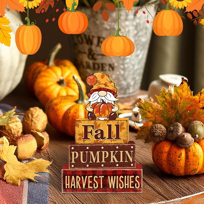 4 Pcs Fall Decorations for Home Thanksgiving Gnome Tiered Tray Decor, Fall Table Decor Farmhouse Rustic Wooden Gnome Pumpkin Block Sign Autumn Tabletop Centerpieces for Home Kitchen Indoor