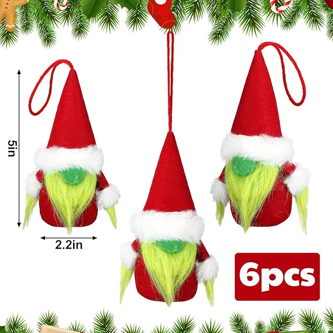 6 Pcs Christmas Green Gnome Ornaments Handmade Green Swedish Tomte Gnomes Christmas Plush Decorative Ornaments Tree Hanging Scandinavian Santa Elf Home Table Decor