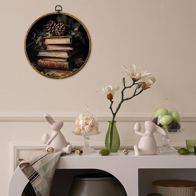 QZQE Rustic Christmas Round Wall Art Decor Framed, Vintage Christmas Pinecones Book Canvas Prints, Dark Academia Bookish Cottagecore Wall Hanging Decor for Library Reading Room Home, 10x10 Inch