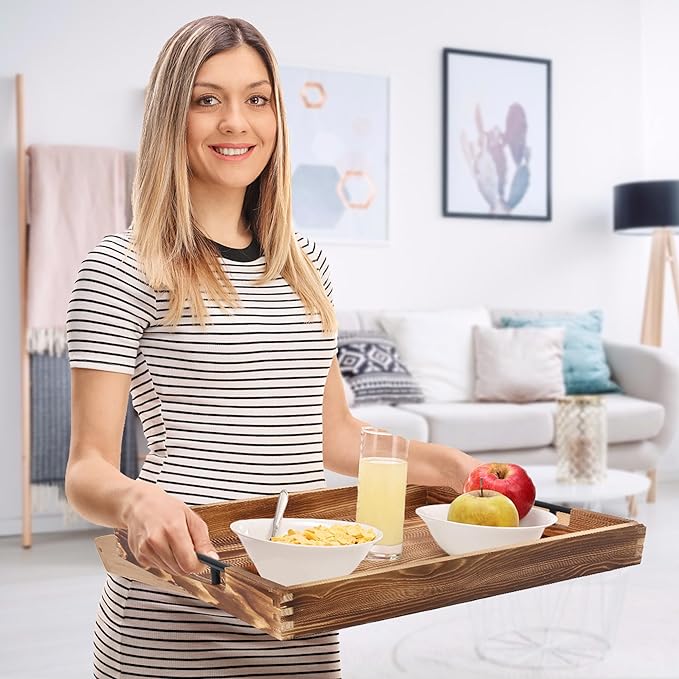 LotFancy Large Ottoman Tray for Living Room, 17x13'' Wood Serving Tray with Handles, Home Décor for Coffee Table, Sofa, 2 Skidproof Coasters Included