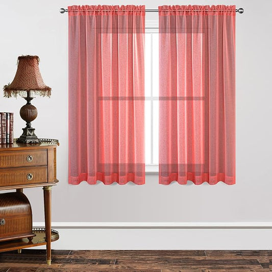 Joydeco Red Sheer Curtains 63 Inch Length 2 Panels Set, Rod Pocket Long Sheer Curtains for Window Bedroom Living Room, Lightweight Semi Drape Panels for Yard Patio (54x63 inch, Red)