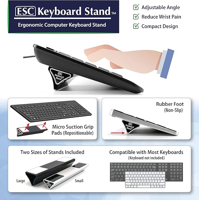 ESC Keyboard Stand (2 Sizes), Fixed Tilt Ergonomic Riser for Compact & Full Keyboards, Non-Slip Base, Compatible with Flat-Back Keyboard Only