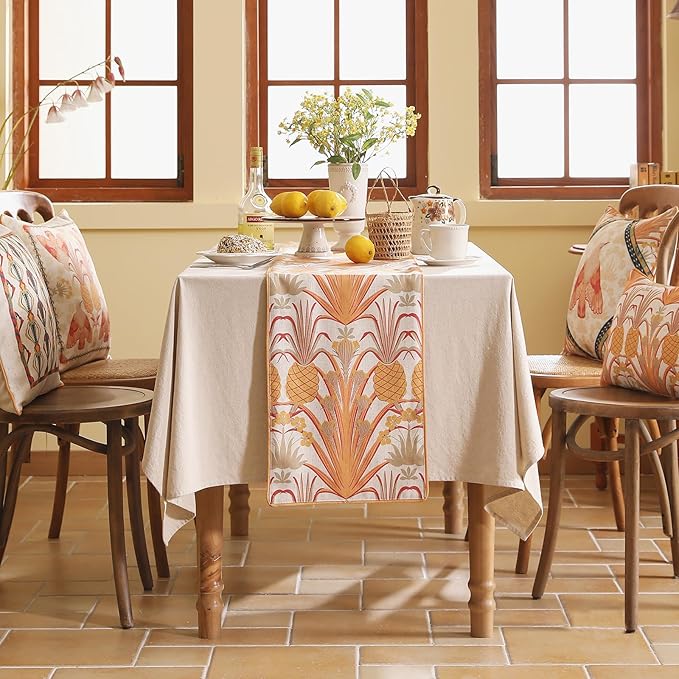 patdrea Designer Tropical Linen Table Runner 71 Inch Long, Yellow Vintage Elegant with Pineapple Pattern Table Mat,Decoration for Kitchen Dining Coffee Table Cover Banquet Christmas , 12"*71"