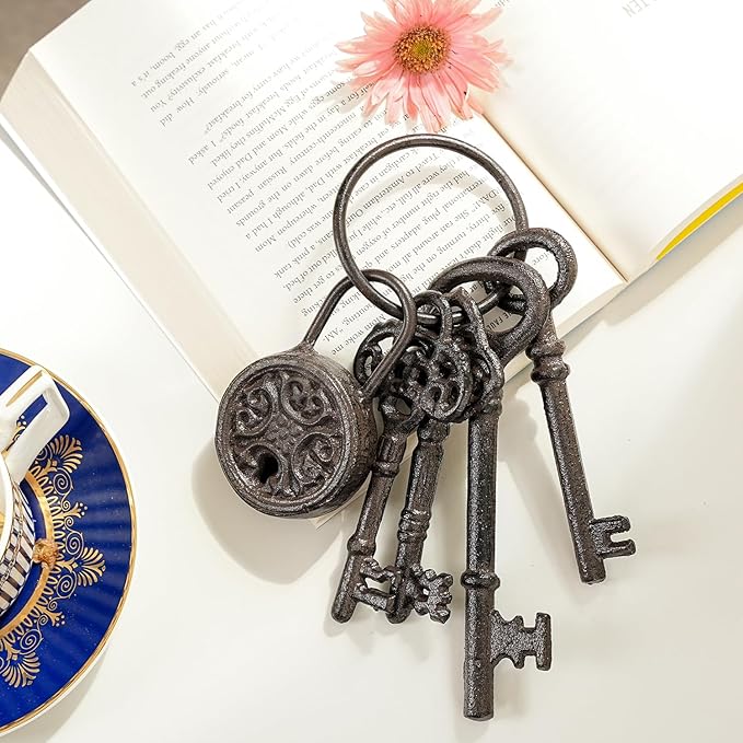 Sungmor Cast Iron Skeleton Keys - Antique Style Keyring Props, Pirate Treasure, Halloween Decor for Home Garden