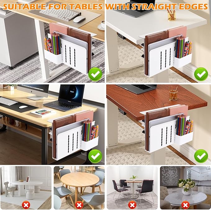 Desk Side Storage, Under Desk Laptop Mount, Table Side Hanging File Organizer, No Drill Clamp On Cable Management Tray, Laptop Holder with Magnetic Pen Holder for Office and Home