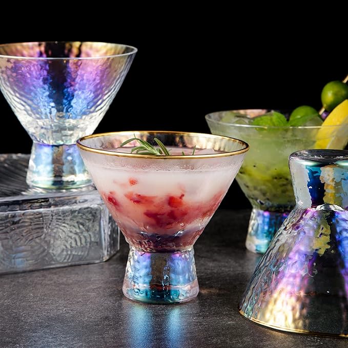 Lysenn Iridescent Stemless Martini Glasses Set of 4 - Premium Hammered Cocktail Glasses for Weddings, Anniversary, Christmas, Party - 7.7oz Gold Rim