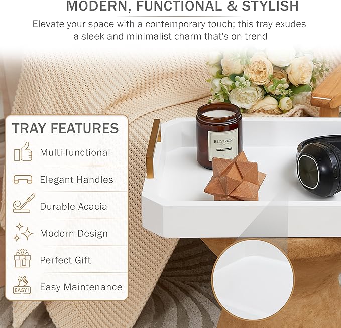 Decorative Acacia Wood Ottoman Tray - Coffee Table Tray - Breakfast, Party, Drinks, Snack, Liquor Serving Platter - Farmhouse to Modern - Brass Handles (Moonlight White)