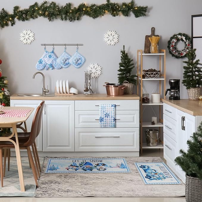 10 Pcs Christmas Kitchen Decor Set Kitchen Towels and Rugs Oven Mitts Pot Holders Absorbent Towels for Baking Cooking BBQ Gifts Home Decor(Blue,Snowflake)