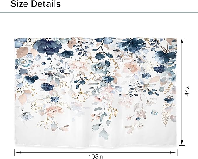 Pink and Blue Floral Shower Curtain 108Wx72H Inch Extra Wide Rustic Flower Eucalyptus Leaf Shabby Chic Plant Botanical Spring Bathroom Set Country Bath Curtain Bathtub Accessories Home Decor