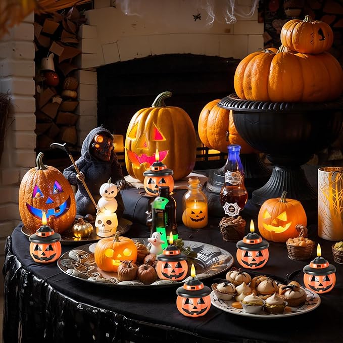 Homemory Real Wax Pumpkin Candles, 2 Pcs Flickering Flameless Candles with 6hrs Timer, LED Halloween Pumpkin Lamp, Battery Operated Lights for Home Halloween Decor, Theme Party, Orange