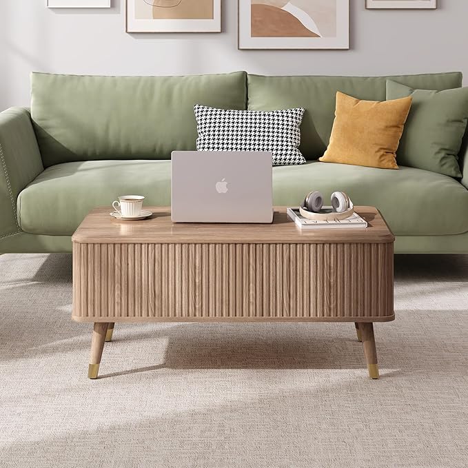 Lift Top Coffee Table, Mid Century Modern Coffee Table with Hidden Compartment, Fluted Lift Tabletop Center Table for Living Room, Home Office, Oak