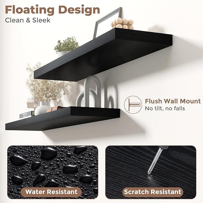 Floating Shelves for Wall with Invisible Brackets, Wall Mounted Engineered Wood Shelves with Wood Grain for Living Room, Bedroom, Bathroom, Kitchen Decor and Storage, Oak, 40"L Set of 2, Black