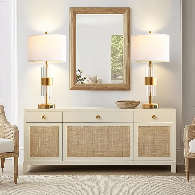 QiMH Table Lamp for Living Room with USB A+C Ports, Gold Bedside Lamps for Bedrooms Set of 2 with Touch Control, Modern Nightstand Lamp White Lamp Shade Home Office Decor (2700K LED Bulb Included)