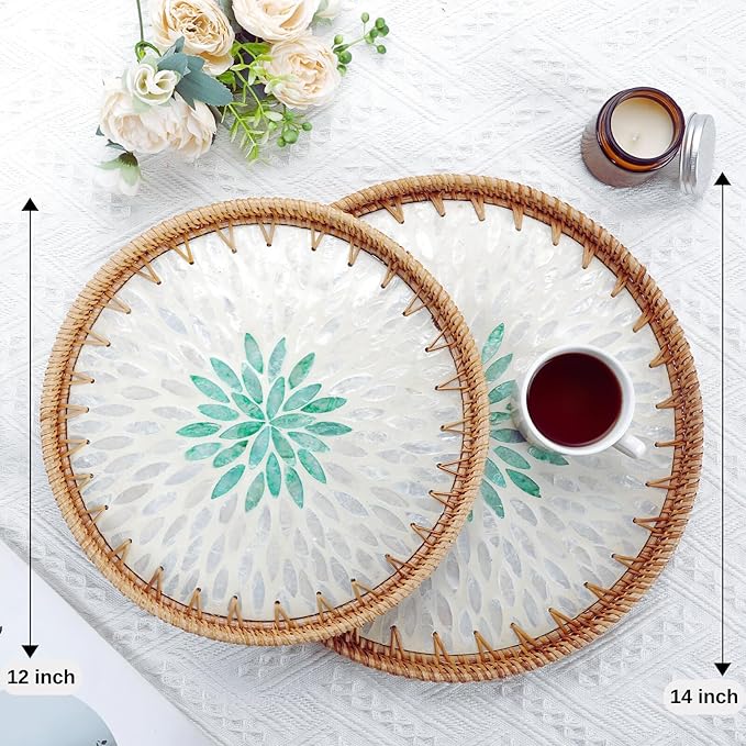 Rattan Serving Tray with Mother of Pearl, Round Coffee Table Tray Decor, Boho Decorative Round Hand-Woven Wicker Home Decor (Summer Green, 12 inch)