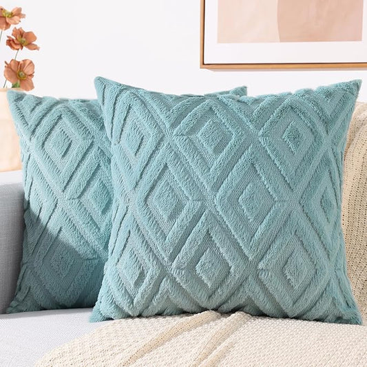 decorUhome Couch Throw Pillow Covers 20x20 Set of 2, Decorative Soft Plush Faux Wool Neutral Accent Pillow Covers for Bed Sofa Living Room, Light Teal