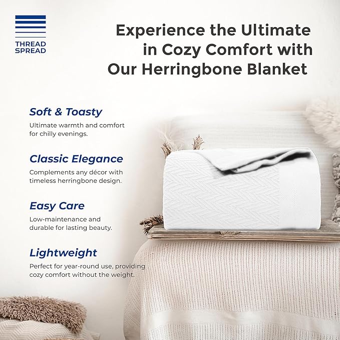 THREAD SPREAD 100% Pure Cotton, Luxury Twin/Twin XL Size White Blanket - Herringbone Pattern, Soft & Cozy Premium Fall Throw Blanket for All Seasons, 350 GSM & 68 x 92 with Free Tote Bag