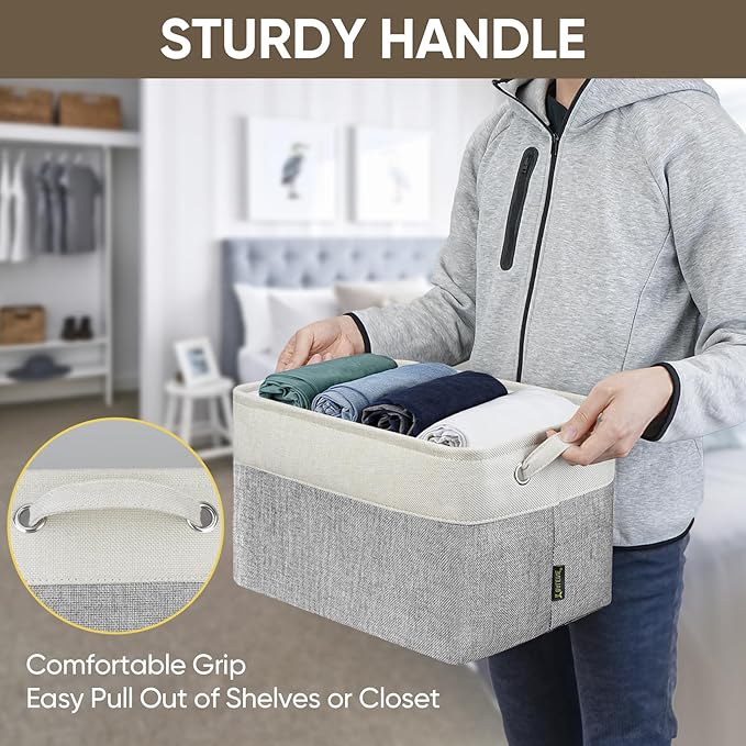 BALEINE 4 Pack Fabric Storage Bins for Shelves, Linen Storage Baskets for Organizing, Decorative Closet Bins for Clothes, Home (Grey, 15"x11"x9.5")