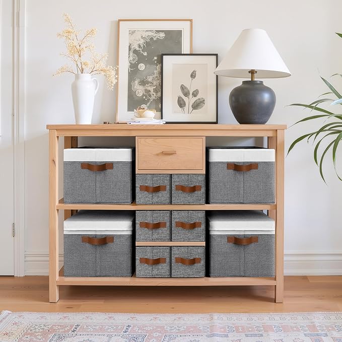 GRANNY SAYS Small Fabric Storage Bins with PU Handles, Storage Baskets for Shelves, Perfume Storage, Narrow Baskets for Organizing DVD, Photos, Aromatherapy, Scarf, Diaper, Cd, 3-Pack, Gray