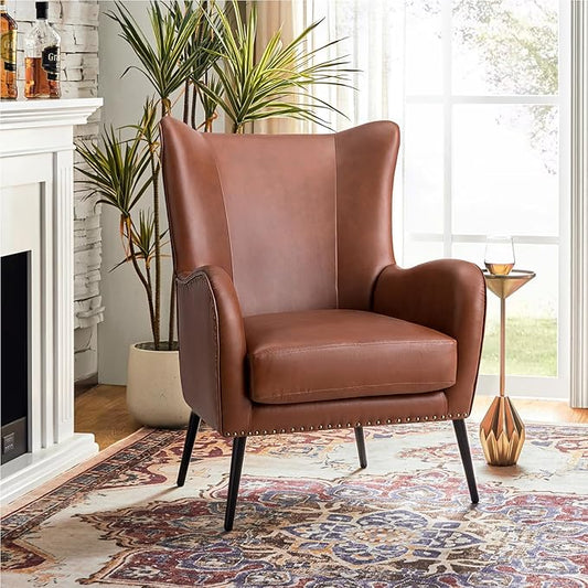 HULALA Home Faux Leather Accent Chair w/Removable Cushion, Comfy Upholstered Armchair with Black Metal Legs & Nailhead Trim Wingback Vanity Chair Desk Chair for Reading Living Room Bedroom, Brown