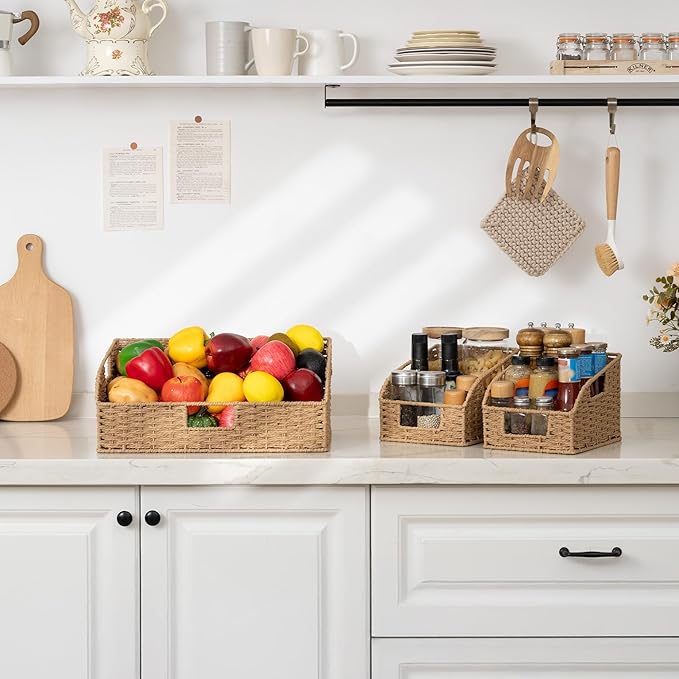 StorageWorks Paper Rope Pantry Storage Baskets, Wicker Baskets with Built-in Handles, Handwoven Shelf Baskets for Organizing, Pantry Organizers and Storage, Natural, 3 Pack