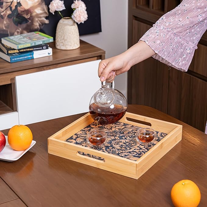 PEMAR 12.2" Square Bamboo Art Decor Tray with Handle, Food Drink Serving Tray for Breakfast Lap Bed Eating. Pattern Printed on Bamboo. Decorative Catchall Coffee Table Entryway Nightstand (Damask)