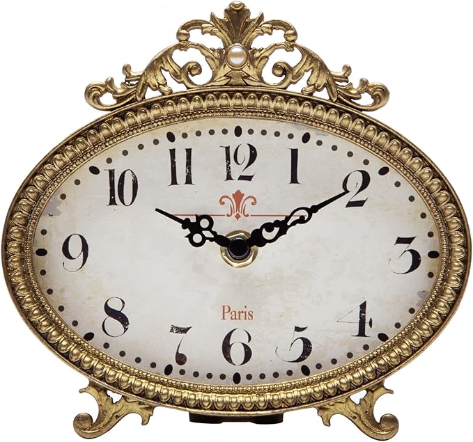 NIKKY HOME Vintage Table Clock, French Turquoise Color Rococo Style Desk Clock Battery Operated Rustic Design, Home Décor for Living Room, Bedroom, Bedside, Desk, Gift Clock - Gold