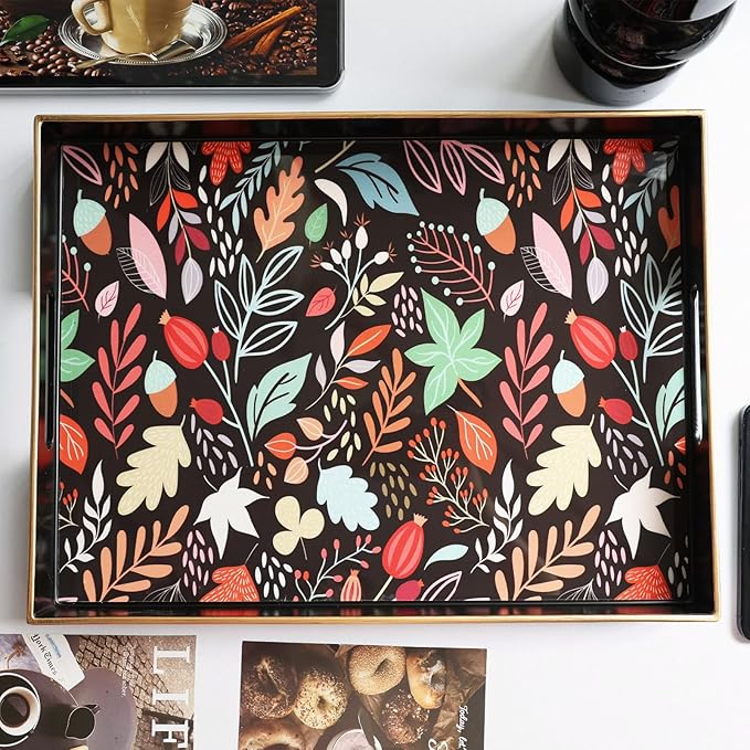 Rectangle Serving Tray with Handles, Coffee Table Tray for Ottoman, Organizer Vanity Tray for Living Room, Outdoor Tray for Patio Entertaining, Serving Breakfast Kitchen Platter LEE3040BH