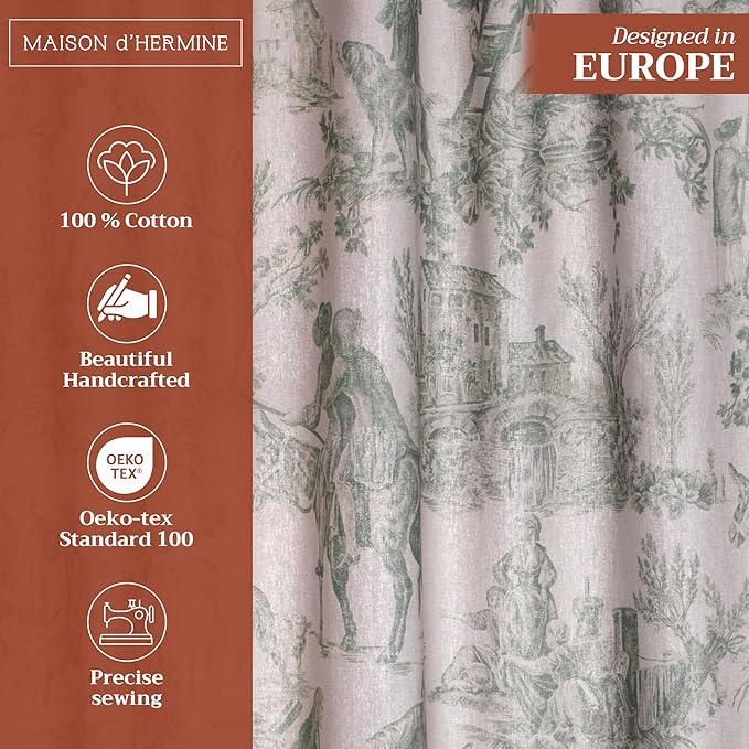 Maison d' Hermine Curtains for living room 100% Cotton 124 inch length Two Panels Light Filtering Toile Curtains for Bedroom Windows with rod and loop Pockets (The Miller Antique Green, 50"W x 124"L)