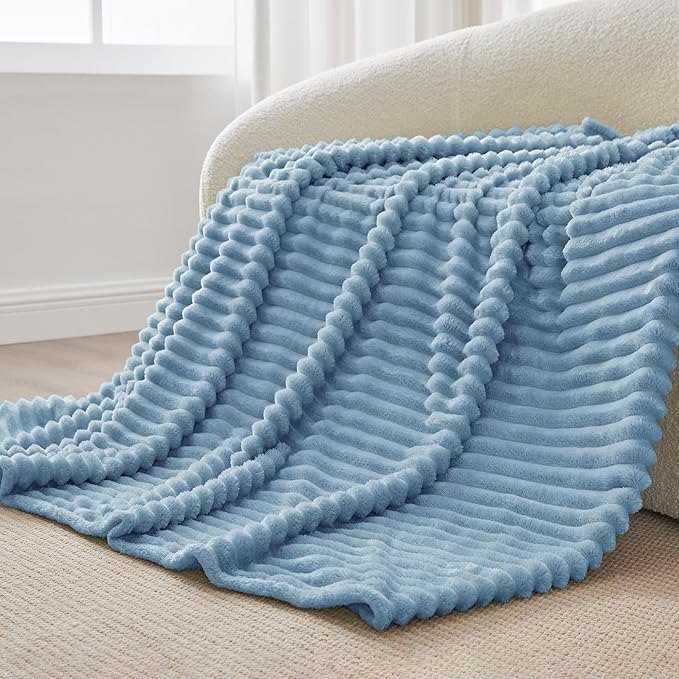 BEDELITE Twin Blanket for Couch & Bed, 300GSM Soft & Warm Fleece Blanket, Decorative and Giftable Striped Light Blue Blankets for Women, Men, 60"x80"