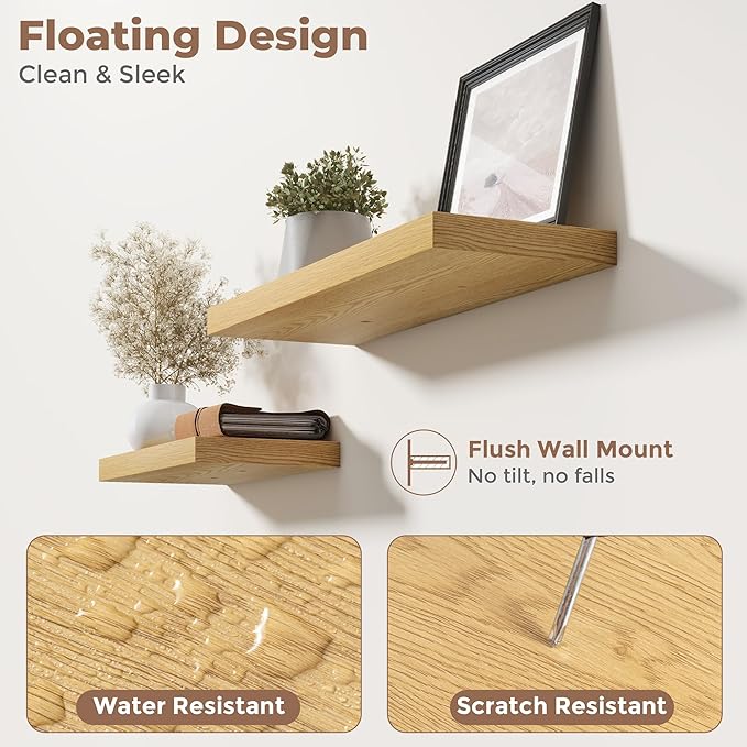 8 Inch Square Floating Shelves for Wall 3 Pack, 8"D Wood Grain Bathroom Shelves with Invisible Brackets, Easy Install Engineered Wood Storage Shelves for Kitchen, Living Room, Bedroom, Oak Finish