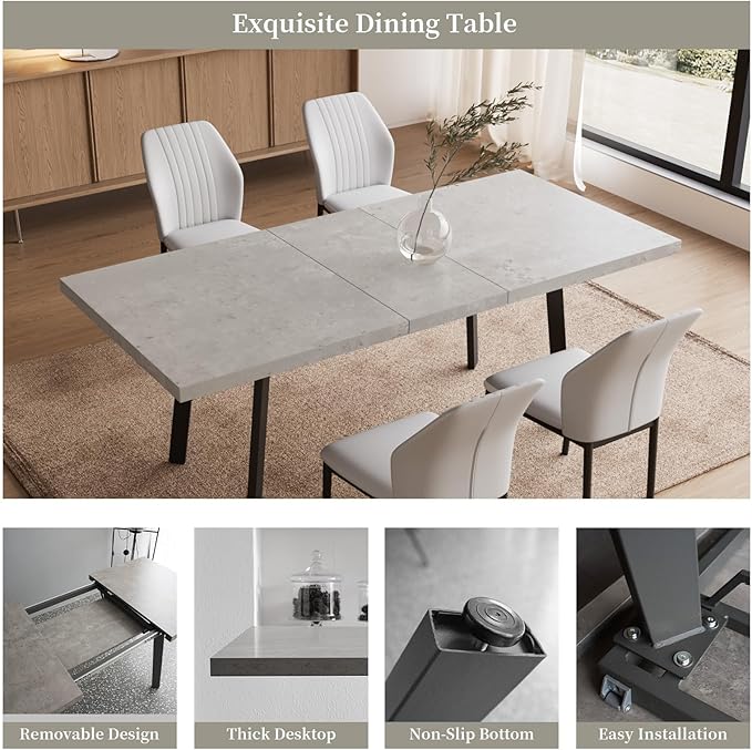 47.2"- 62.9" Extendable Dining Table Set for 4, Modern Kitchen Table with 4 PU Leather Chairs, Thickened Expandable MDF Wooden Table with Metal Legs for Dining Room, Kitchen, Living Room